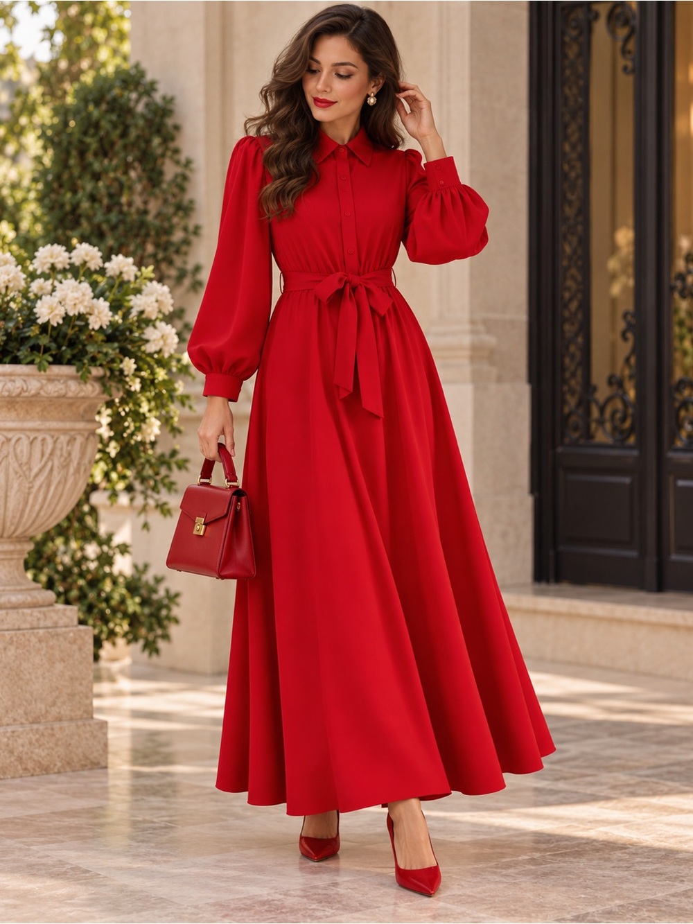 SHEIN Red Long Sleeve Maxi Shirt Dress with Tie Waist